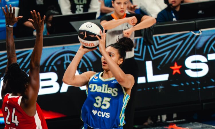 Dallas Wings guard Azzi Fudd shoots over Las Vegas Aces guard Jewell Loyd during a WNBA game at College Park Center in Arlington, Texas, on June 15, 2026.
