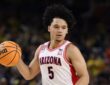 Arizona Wildcats guard Brayden Burries dribbles up the court against Michigan in the 2026 NCAA Final Four.
