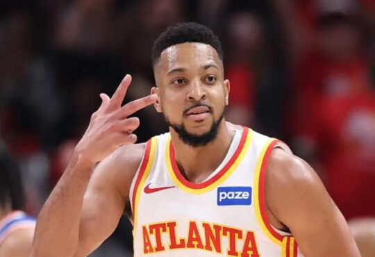Atlanta Hawks guard CJ McCollum gestures during a game