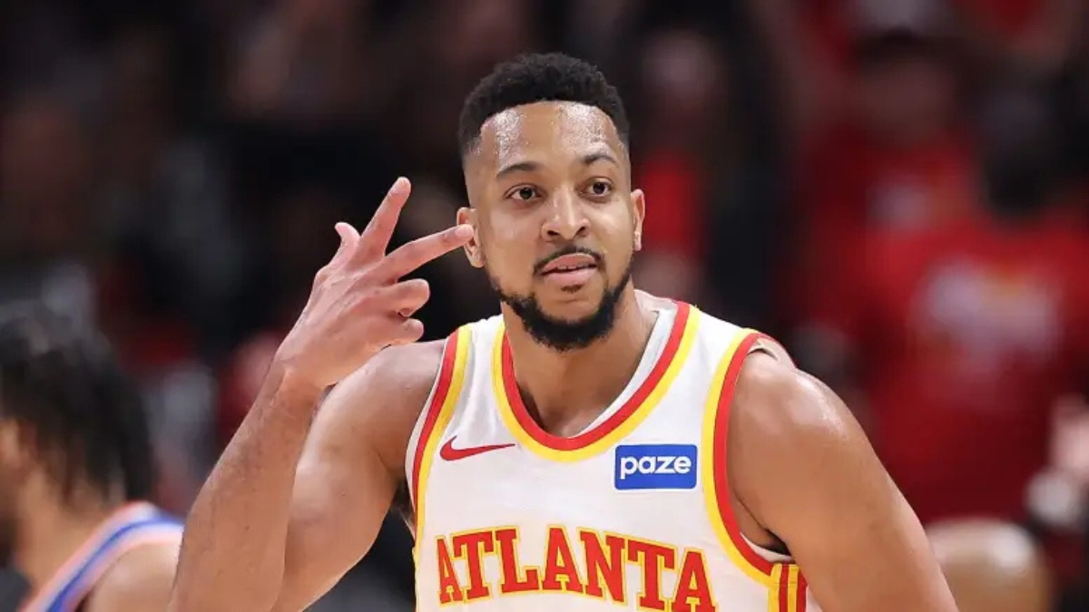 Atlanta Hawks guard CJ McCollum gestures during a game
