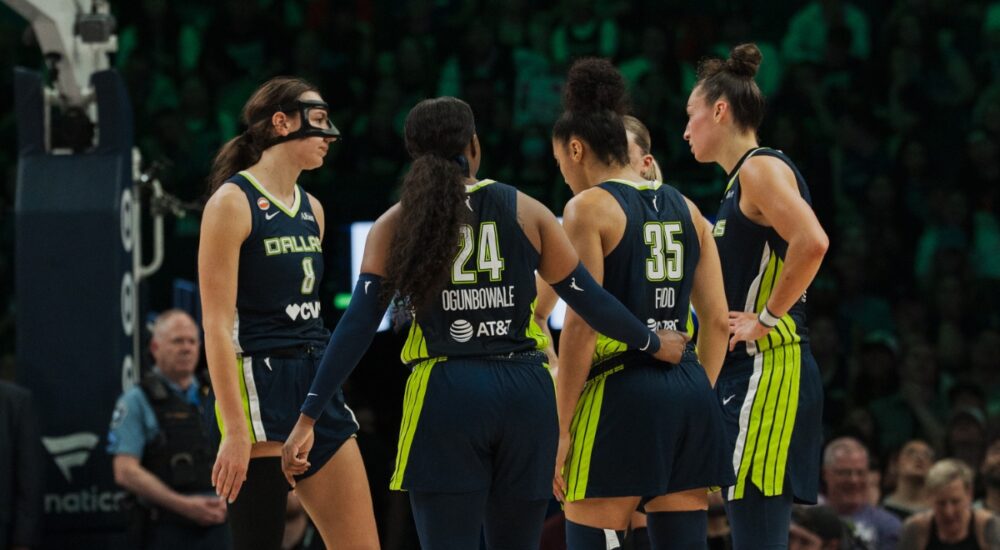 Dallas Wings players Arike Ogunbowale, Alanna Smith, Azzi Fudd, Jessica Shepard and Paige Bueckers during a game against the Minnesota Lynx