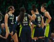 Dallas Wings players Arike Ogunbowale, Alanna Smith, Azzi Fudd, Jessica Shepard and Paige Bueckers during a game against the Minnesota Lynx