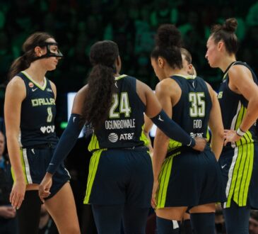 Dallas Wings players Arike Ogunbowale, Alanna Smith, Azzi Fudd, Jessica Shepard and Paige Bueckers during a game against the Minnesota Lynx