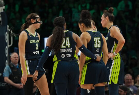 Dallas Wings players Arike Ogunbowale, Alanna Smith, Azzi Fudd, Jessica Shepard and Paige Bueckers during a game against the Minnesota Lynx