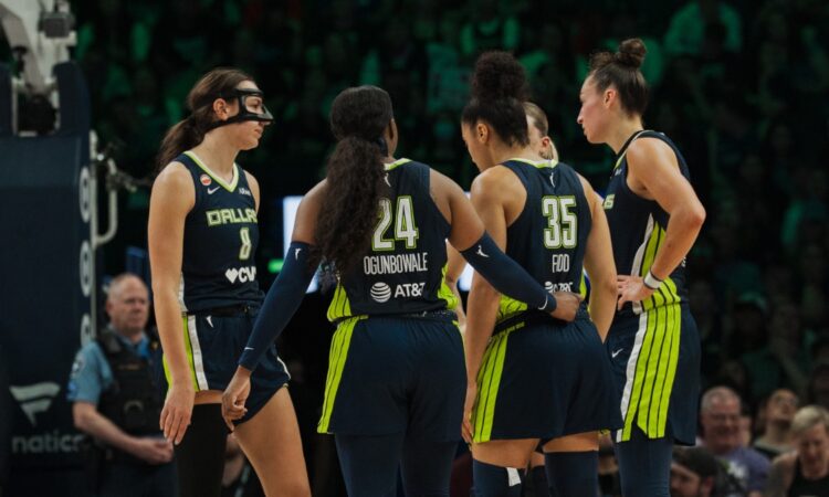 Dallas Wings players Arike Ogunbowale, Alanna Smith, Azzi Fudd, Jessica Shepard and Paige Bueckers during a game against the Minnesota Lynx