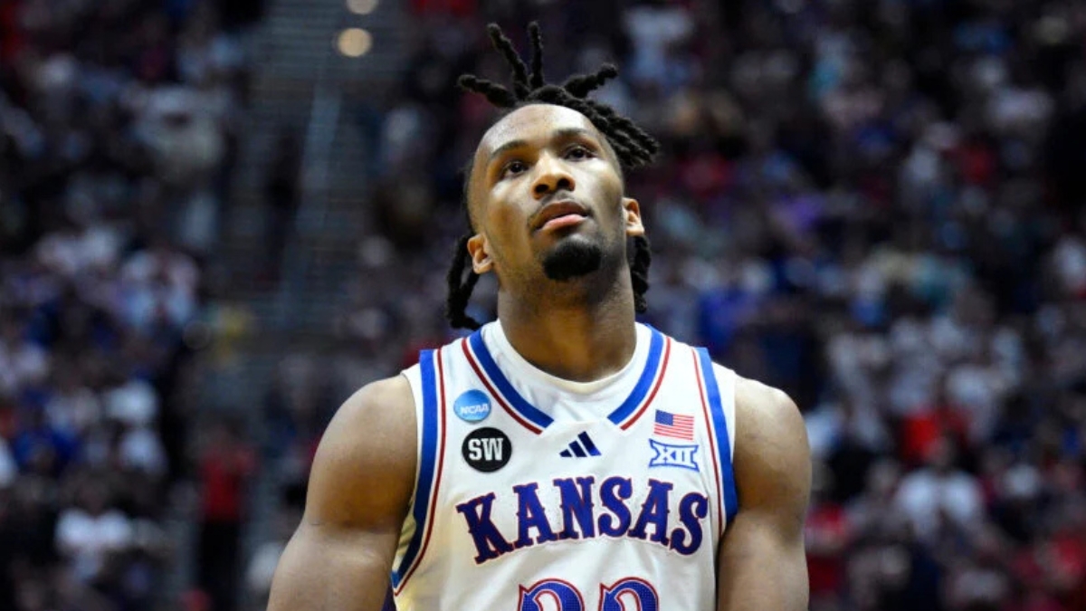 Darryn Peterson in a Kansas Jayhawks uniform during an NCAA Tournament game
