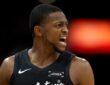 San Antonio Spurs guard De'Aaron Fox reacts during a 2025-26 game