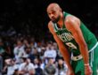 Derrick White #9 of the Boston Celtics looks on during Game 7 of the Eastern Conference First Round NBA Playoffs against the Philadelphia 76ers at TD Garden.