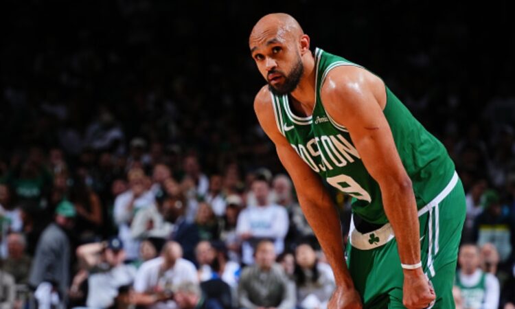 Derrick White #9 of the Boston Celtics looks on during Game 7 of the Eastern Conference First Round NBA Playoffs against the Philadelphia 76ers at TD Garden.