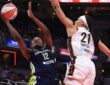 Dallas Wings' Dulcy Fankam Mendjiadeu goes up for a shot against Indiana Fever's Makayla Timpson during a preseason game at Gainbridge Fieldhouse on April 30, 2026, in Indianapolis, Indiana.