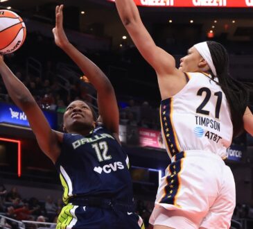 Dallas Wings' Dulcy Fankam Mendjiadeu goes up for a shot against Indiana Fever's Makayla Timpson during a preseason game at Gainbridge Fieldhouse on April 30, 2026, in Indianapolis, Indiana.