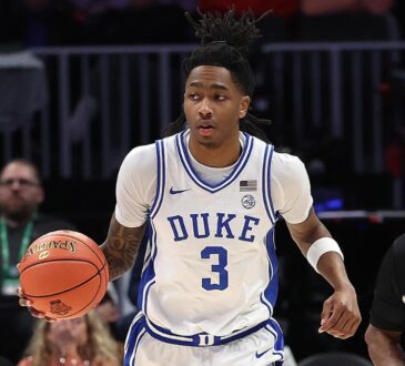 Duke guard Isaiah Evans dribbles up the court in his white No. 3 jersey during the 2025-26 season