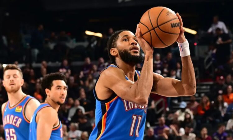 Oklahoma City Thunder guard Isaiah Joe rises for a shot during the 2025-26 season