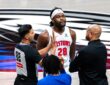 Detroit Pistons big man Isaiah Stewart speaks with an official during a 2025-26 game against the Dallas Mavericks.