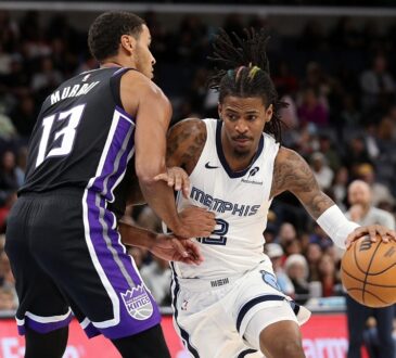 Ja Morant, a Kings trade target, drives to the basket against Sacramento's Keegan Murray