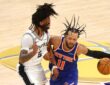 Jalen Brunson of the New York Knicks dribbles against Stephon Castle of the San Antonio Spurs during Game 2 of the 2026 NBA Finals.