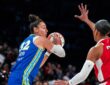 Jessica Shepard surveys the floor against A'ja Wilson during the Dallas Wings' game at the Las Vegas Aces on June 25, 2026.