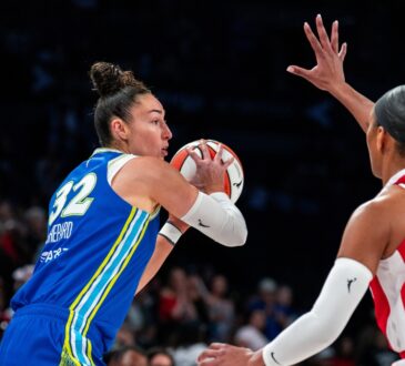 Jessica Shepard surveys the floor against A'ja Wilson during the Dallas Wings' game at the Las Vegas Aces on June 25, 2026.