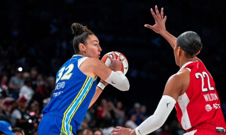 Jessica Shepard surveys the floor against A'ja Wilson during the Dallas Wings' game at the Las Vegas Aces on June 25, 2026.