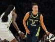Dallas Wings forward Jessica Shepard dribbles the ball during a road game against the Minnesota Lynx