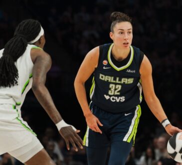 Dallas Wings forward Jessica Shepard dribbles the ball during a road game against the Minnesota Lynx