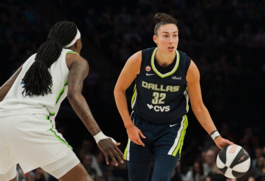 Dallas Wings forward Jessica Shepard dribbles the ball during a road game against the Minnesota Lynx