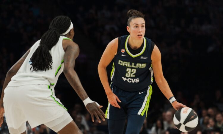 Dallas Wings forward Jessica Shepard dribbles the ball during a road game against the Minnesota Lynx