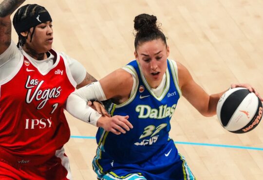 Dallas Wings center Jessica Shepard drives against Las Vegas Aces guard Kierstan Bell during a WNBA game at College Park Center in Arlington, Texas, on June 15, 2026.