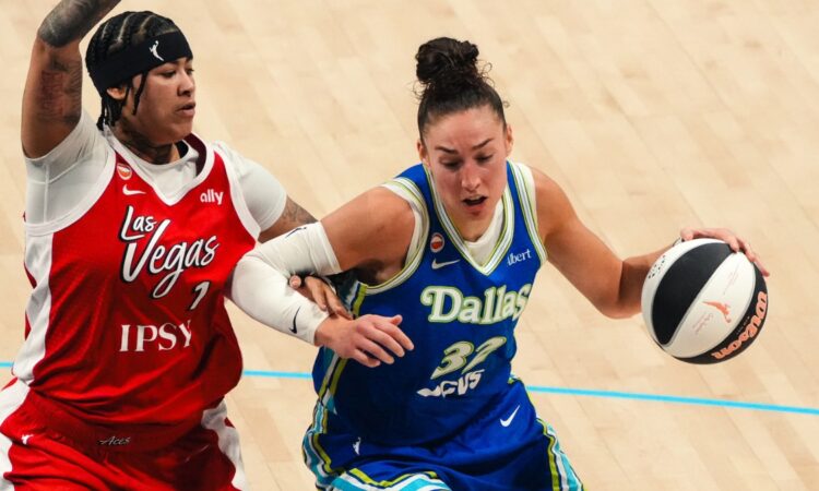 Dallas Wings center Jessica Shepard drives against Las Vegas Aces guard Kierstan Bell during a WNBA game at College Park Center in Arlington, Texas, on June 15, 2026.