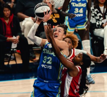 Dallas Wings forward Jessica Shepard drives to the rim against the Las Vegas Aces at College Park Center.
