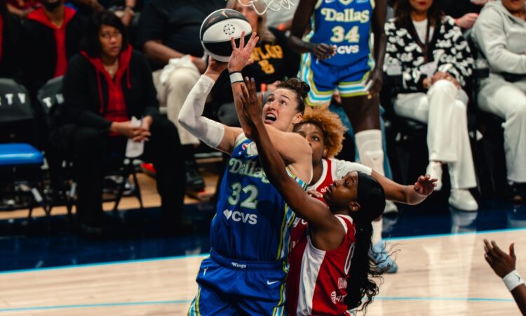 Dallas Wings forward Jessica Shepard drives to the rim against the Las Vegas Aces at College Park Center.