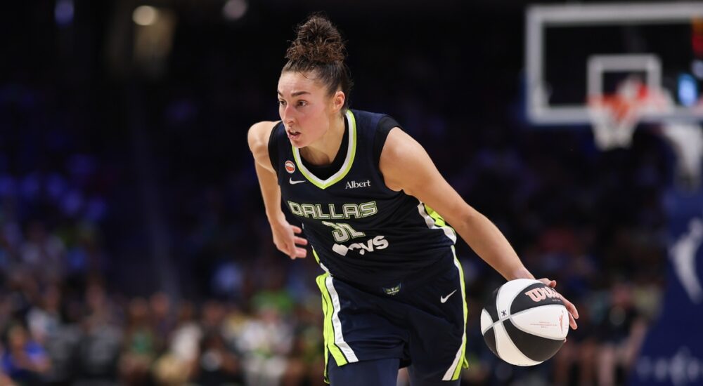 Jessica Shepard of the Dallas Wings controls the ball against the Seattle Storm at College Park Center.