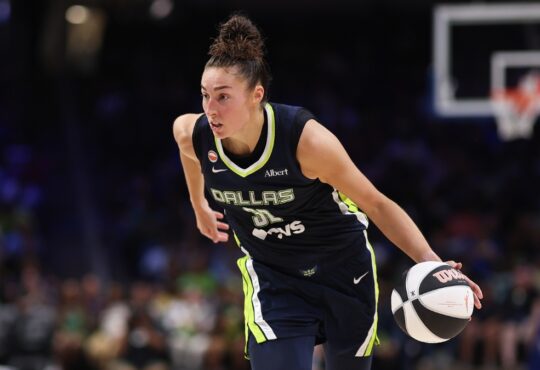Jessica Shepard of the Dallas Wings controls the ball against the Seattle Storm at College Park Center.