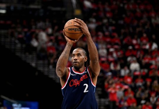 Kawhi Leonard #2 of the LA Clippers shoots a free throw against the Golden State Warriors during the NBA play-in tournament at Intuit Dome on April 15, 2026.