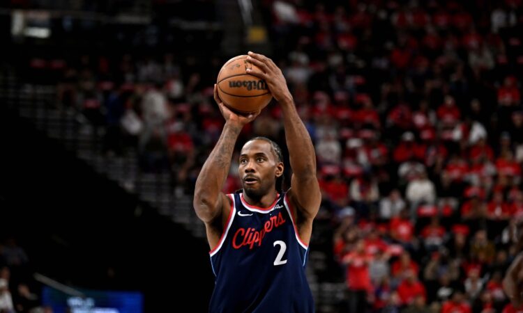 Kawhi Leonard #2 of the LA Clippers shoots a free throw against the Golden State Warriors during the NBA play-in tournament at Intuit Dome on April 15, 2026.