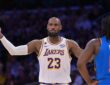 Los Angeles Lakers forward LeBron James gestures for a foul call against the Oklahoma City Thunder during the 2026 NBA Playoffs at Crypto.com Arena