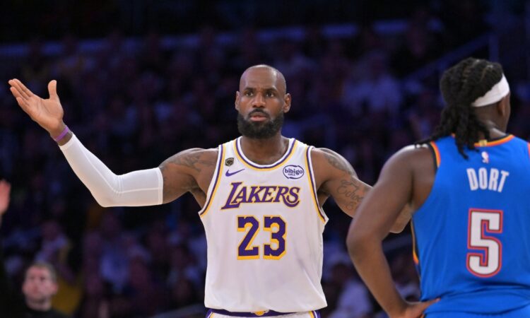 Los Angeles Lakers forward LeBron James gestures for a foul call against the Oklahoma City Thunder during the 2026 NBA Playoffs at Crypto.com Arena