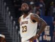 Los Angeles Lakers forward LeBron James waits for play to resume against the Golden State Warriors in the second quarter at Chase Center.