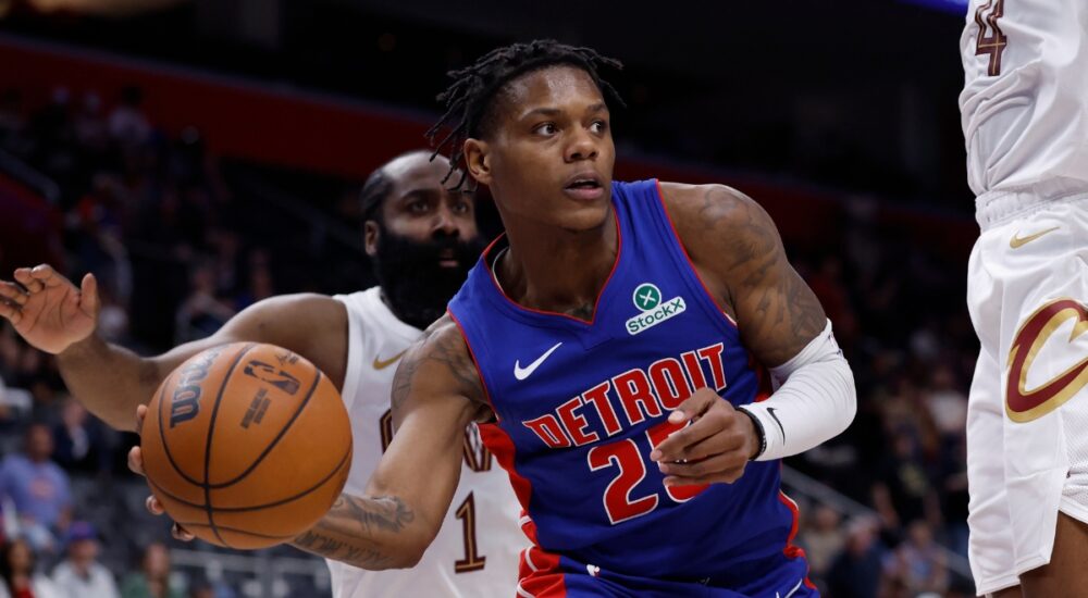 Detroit Pistons guard Marcus Sasser passes the ball against the Cleveland Cavaliers during the 2026 NBA Playoffs