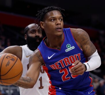 Detroit Pistons guard Marcus Sasser passes the ball against the Cleveland Cavaliers during the 2026 NBA Playoffs