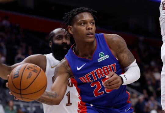 Detroit Pistons guard Marcus Sasser passes the ball against the Cleveland Cavaliers during the 2026 NBA Playoffs