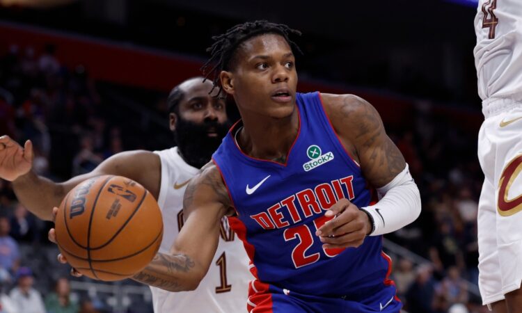 Detroit Pistons guard Marcus Sasser passes the ball against the Cleveland Cavaliers during the 2026 NBA Playoffs