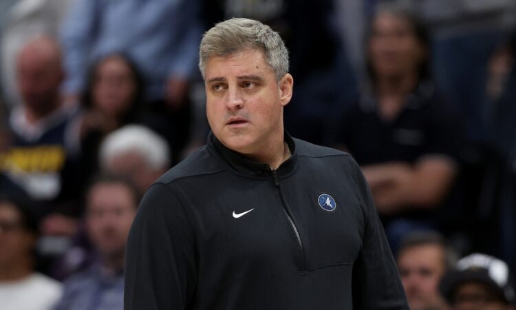 Minnesota Timberwolves assistant coach Micah Nori watching from the sideline during a 2024 playoff game against the Denver Nuggets
