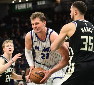 Orlando Magic center Moe Wagner controls the ball against Milwaukee Bucks forward Pete Nance in the fourth quarter at Fiserv Forum on March 8, 2026.