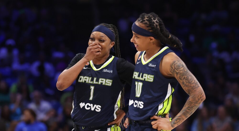Dallas Wings guards Odyssey Sims and Aziaha James talk during a June 1, 2026 game against the Seattle Storm at College Park Center.