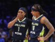 Dallas Wings guards Odyssey Sims and Aziaha James talk during a June 1, 2026 game against the Seattle Storm at College Park Center.