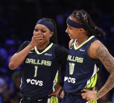 Dallas Wings guards Odyssey Sims and Aziaha James talk during a June 1, 2026 game against the Seattle Storm at College Park Center.