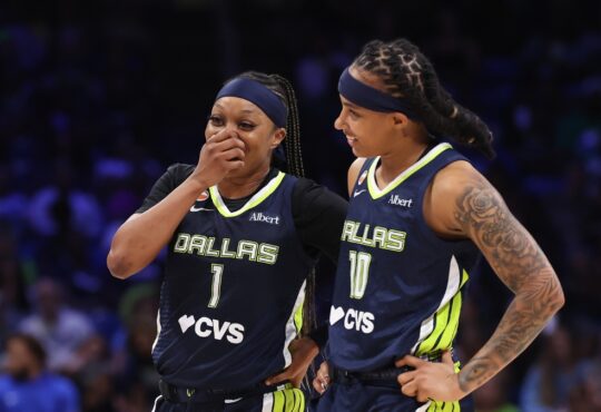Dallas Wings guards Odyssey Sims and Aziaha James talk during a June 1, 2026 game against the Seattle Storm at College Park Center.