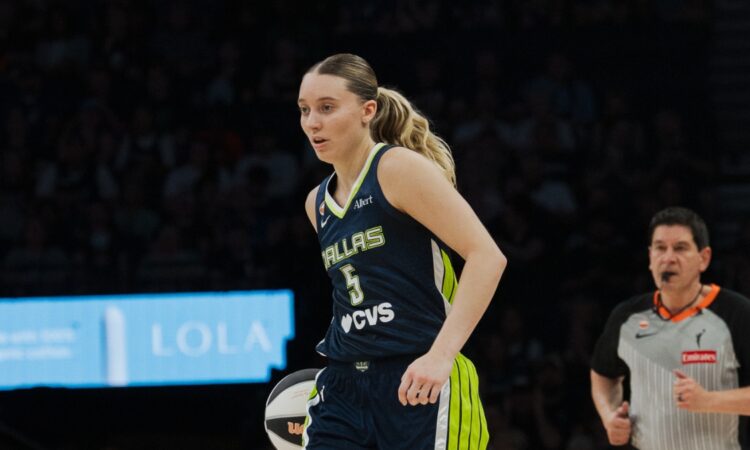 Dallas Wings guard Paige Bueckers dribbles the ball during a road game against the Minnesota Lynx