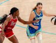 Paige Bueckers of the Dallas Wings drives the ball against a Las Vegas Aces defender